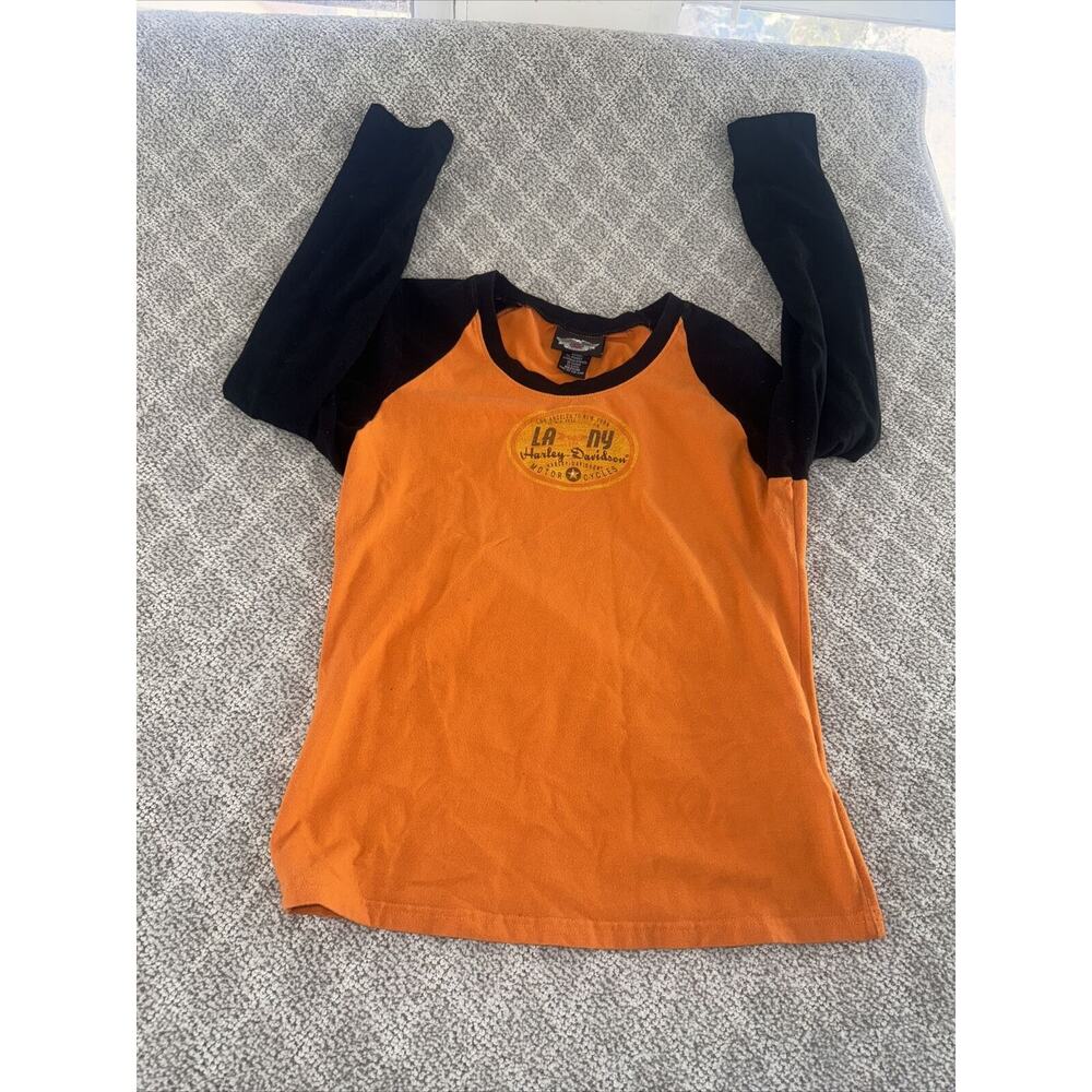 Harley Davidson T-Shirt Long Sleeve Medium Orange Black Los Angeles To New York